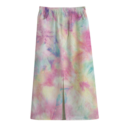 Pastel Tie Dye Print Cotton Front Slit Maxi Skirt