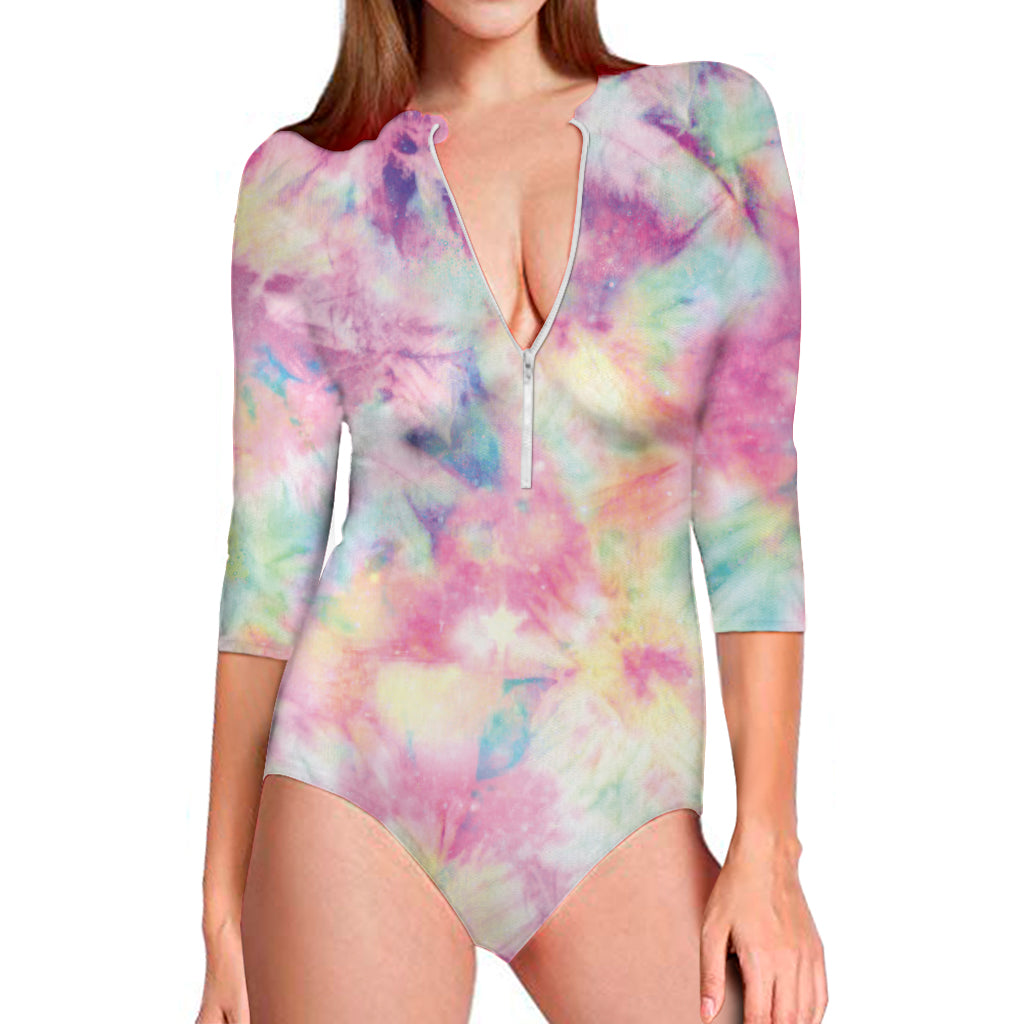 Pastel Tie Dye Print Long Sleeve Swimsuit