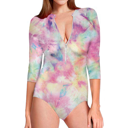 Pastel Tie Dye Print Long Sleeve Swimsuit