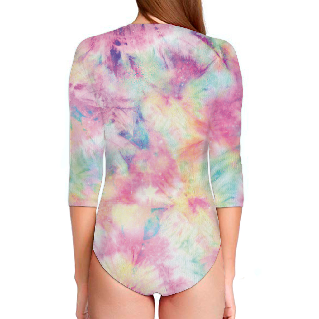 Pastel Tie Dye Print Long Sleeve Swimsuit