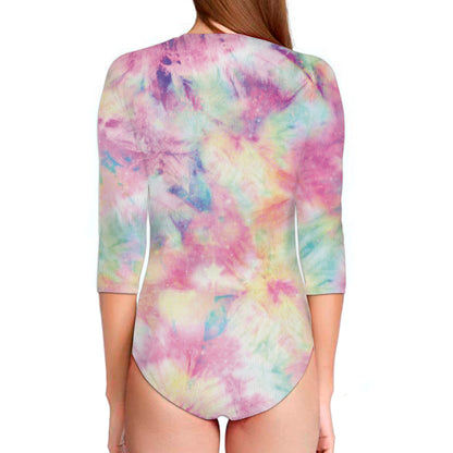Pastel Tie Dye Print Long Sleeve Swimsuit