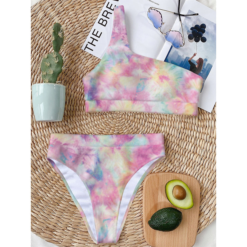 Pastel Tie Dye Print One Shoulder Bikini Top