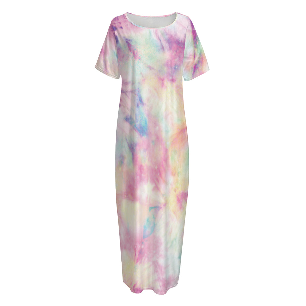 Pastel Tie Dye Print Short Sleeve Long Nightdress