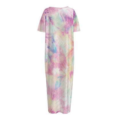 Pastel Tie Dye Print Short Sleeve Long Nightdress