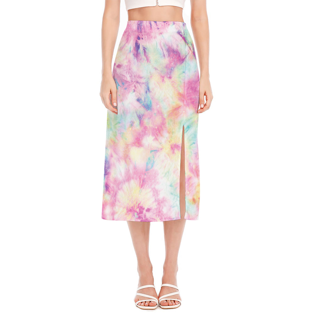 Pastel Tie Dye Print Side Slit Midi Skirt