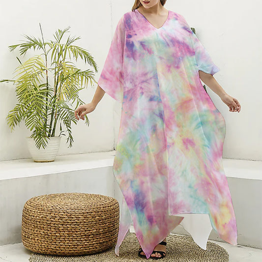 Pastel Tie Dye Print Silk V-Neck Kaftan Dress