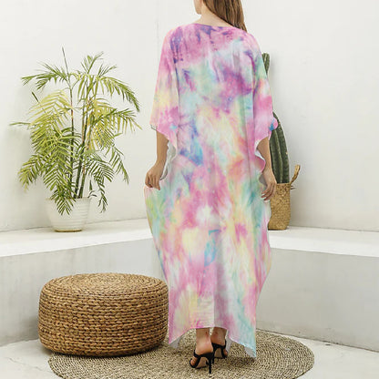 Pastel Tie Dye Print Silk V-Neck Kaftan Dress