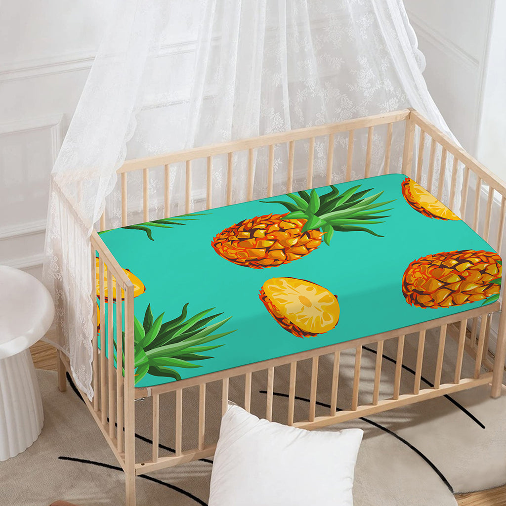Pastel Turquoise Pineapple Pattern Print Baby Crib Sheet