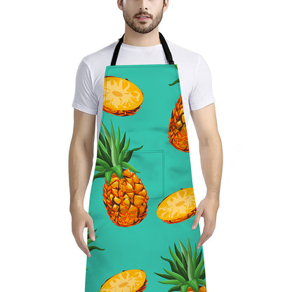 Pastel Turquoise Pineapple Pattern Print Bib Apron With Pocket