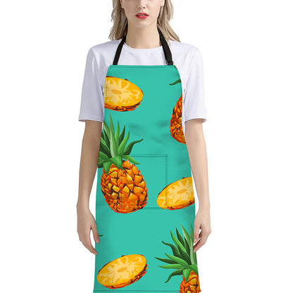 Pastel Turquoise Pineapple Pattern Print Bib Apron With Pocket