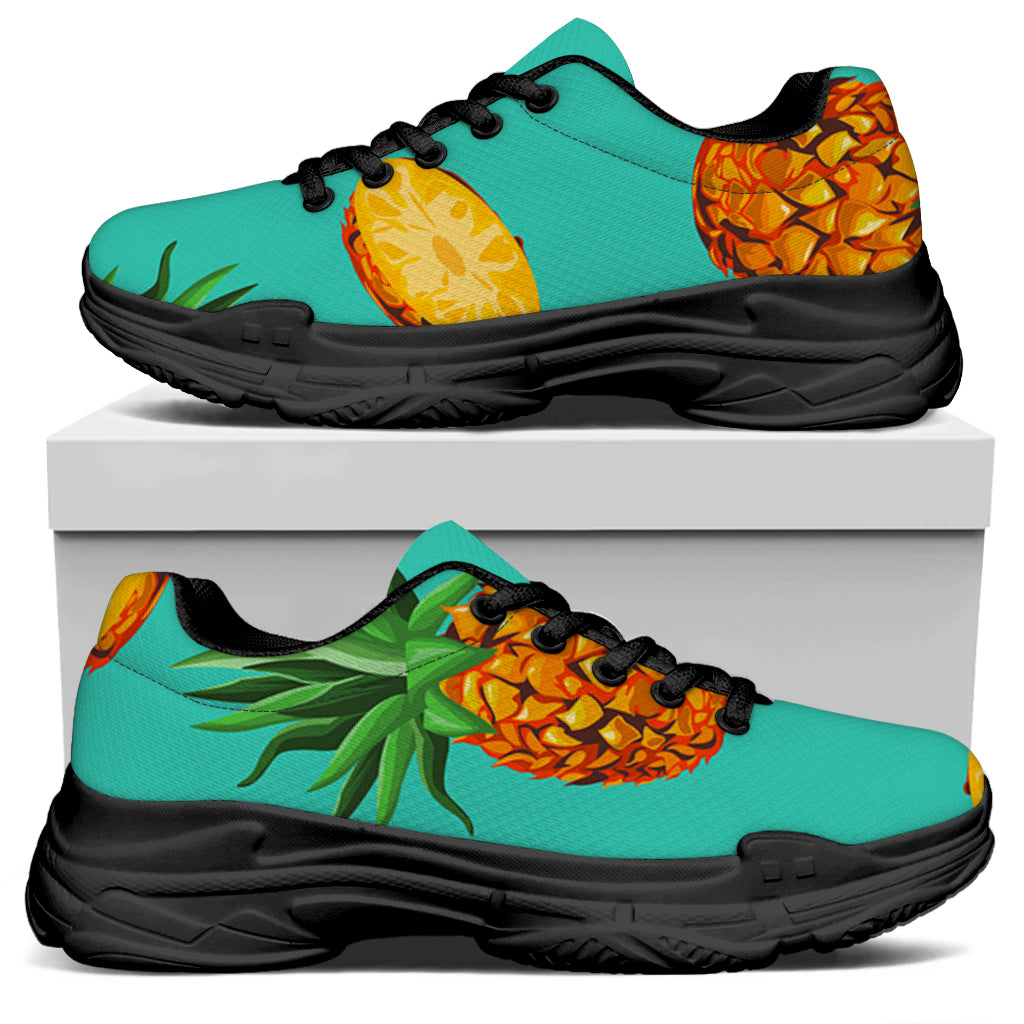 Pastel Turquoise Pineapple Pattern Print Black Chunky Shoes