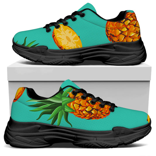 Pastel Turquoise Pineapple Pattern Print Black Chunky Shoes