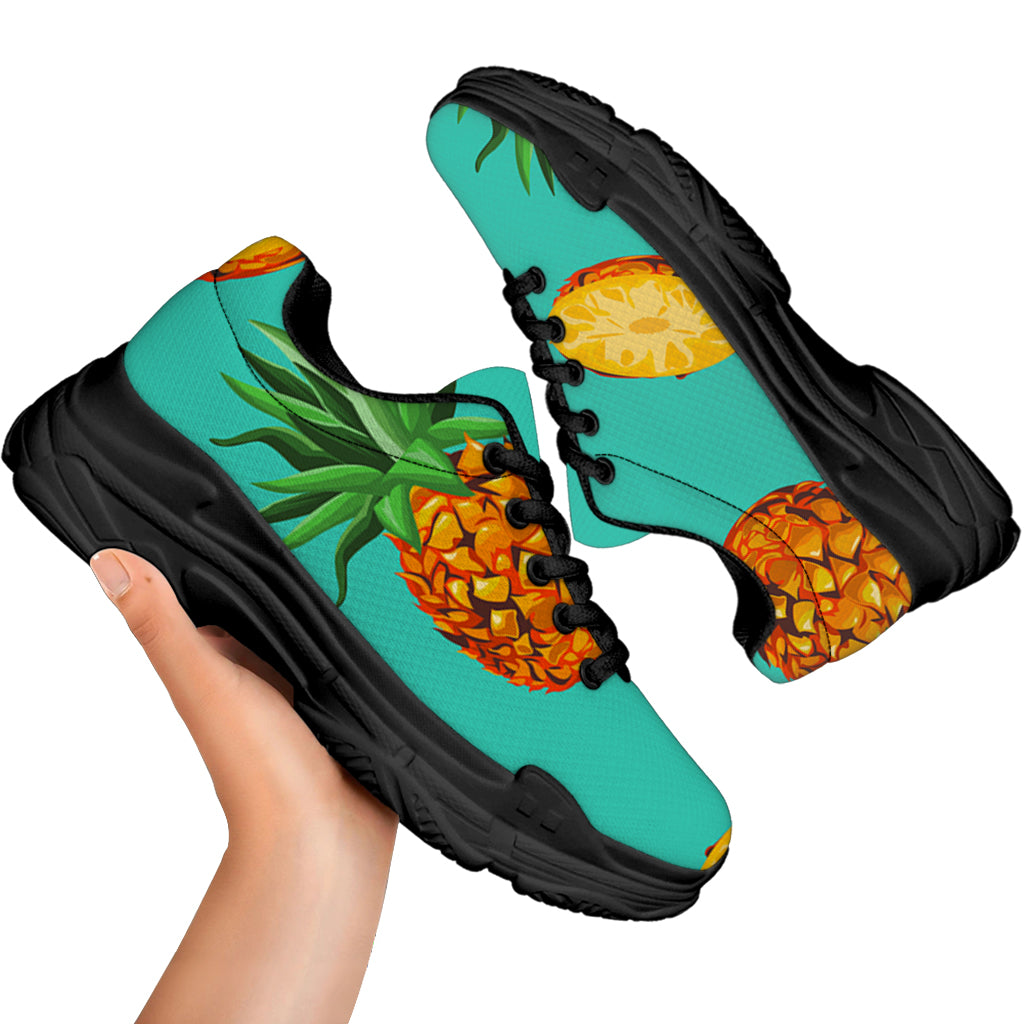 Pastel Turquoise Pineapple Pattern Print Black Chunky Shoes