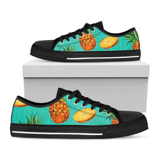 Pastel Turquoise Pineapple Pattern Print Black Low Top Sneakers