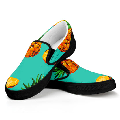 Pastel Turquoise Pineapple Pattern Print Black Slip On Sneakers