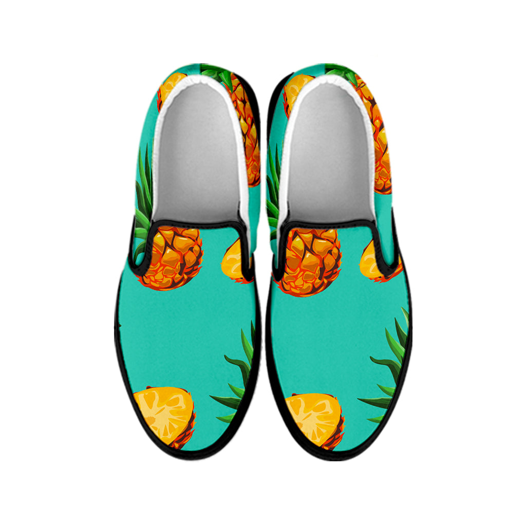 Pastel Turquoise Pineapple Pattern Print Black Slip On Sneakers