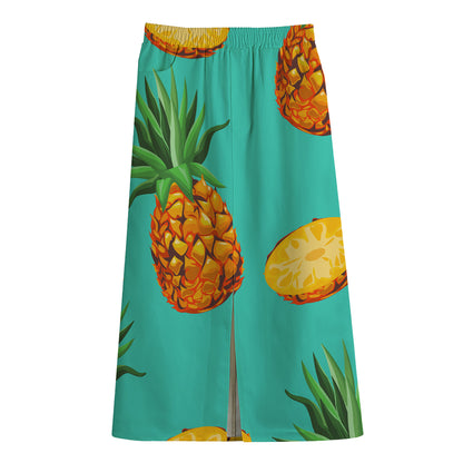 Pastel Turquoise Pineapple Pattern Print Cotton Front Slit Maxi Skirt