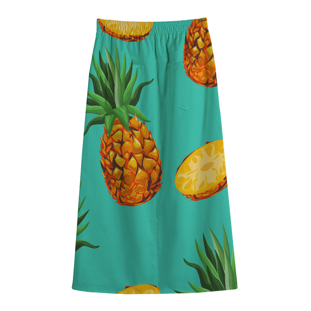 Pastel Turquoise Pineapple Pattern Print Cotton Front Slit Maxi Skirt