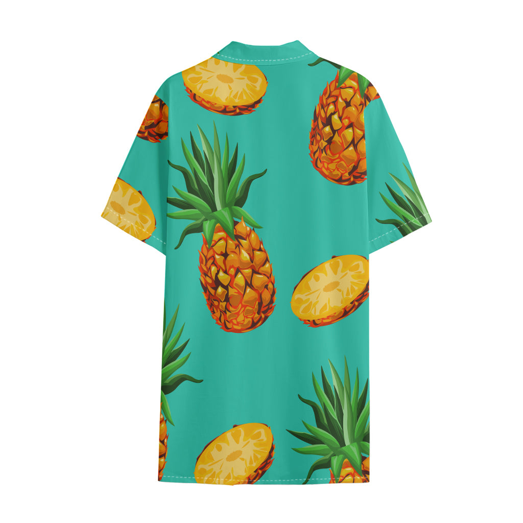 Pastel Turquoise Pineapple Pattern Print Cotton Hawaiian Shirt
