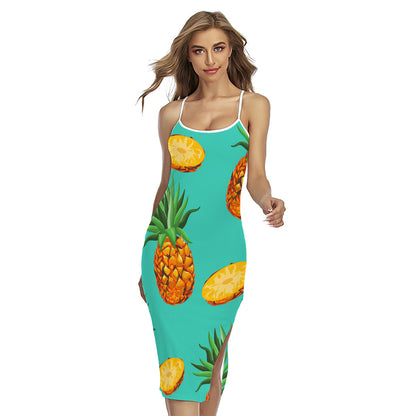 Pastel Turquoise Pineapple Pattern Print Cross Back Cami Dress