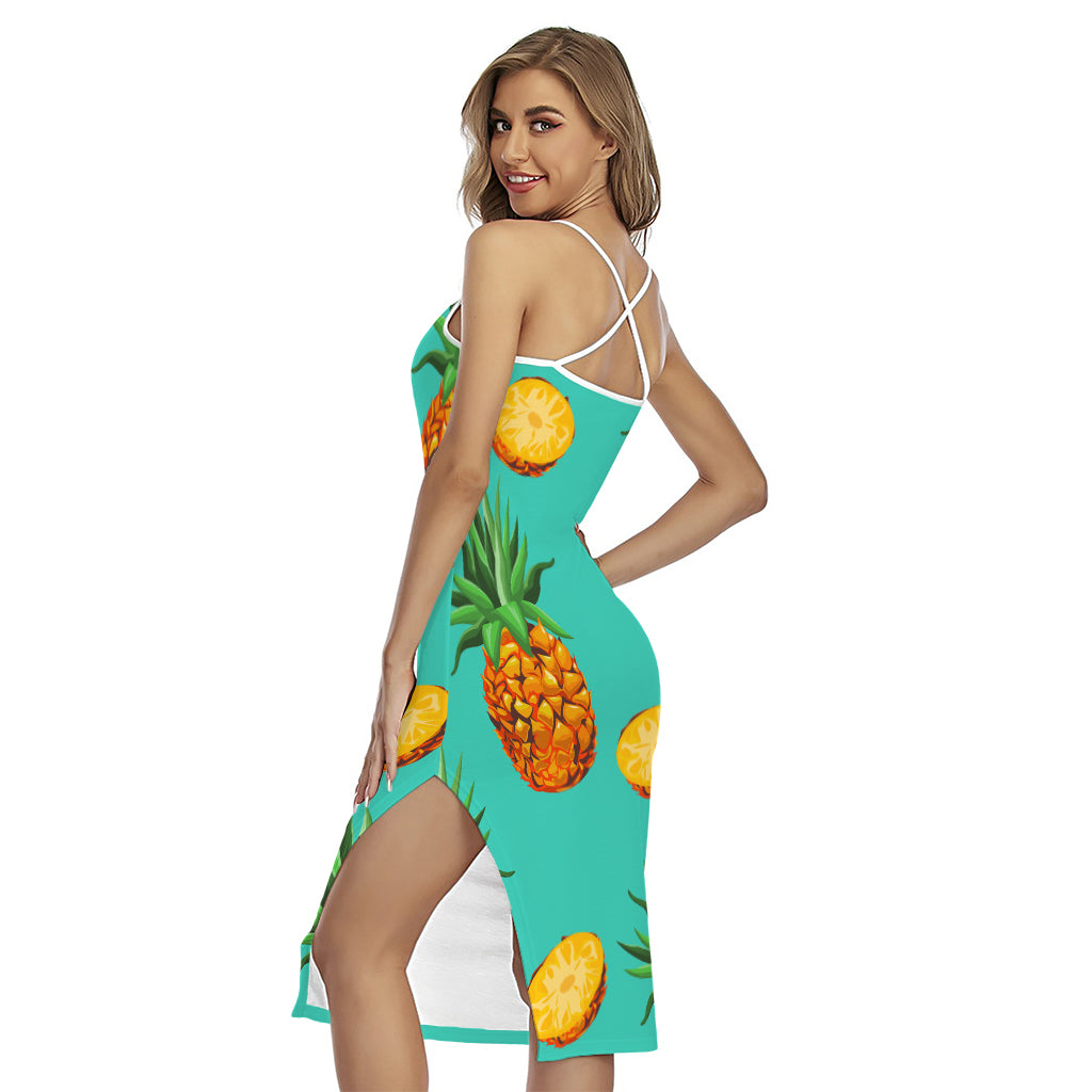 Pastel Turquoise Pineapple Pattern Print Cross Back Cami Dress