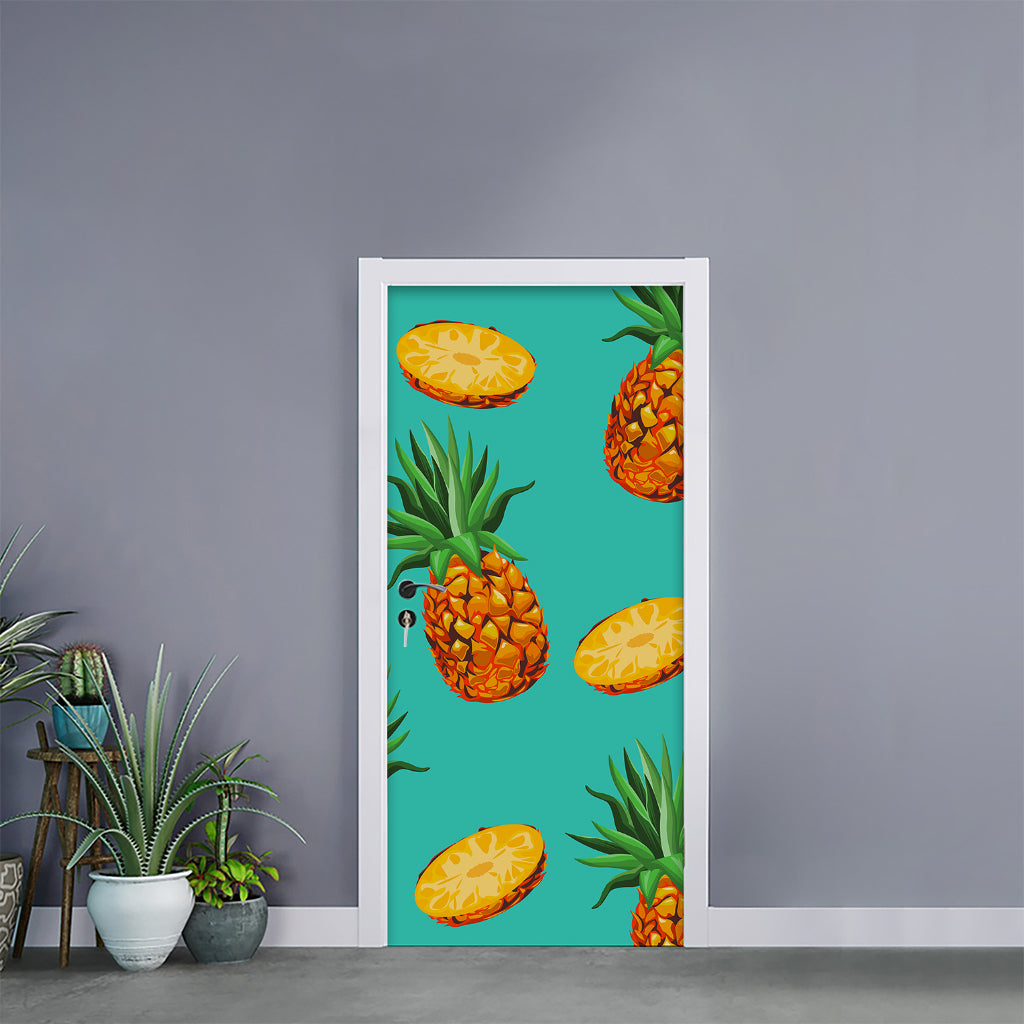 Pastel Turquoise Pineapple Pattern Print Door Sticker