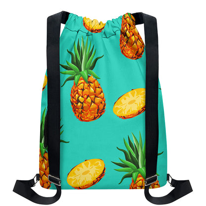 Pastel Turquoise Pineapple Pattern Print Drawstring Backpack