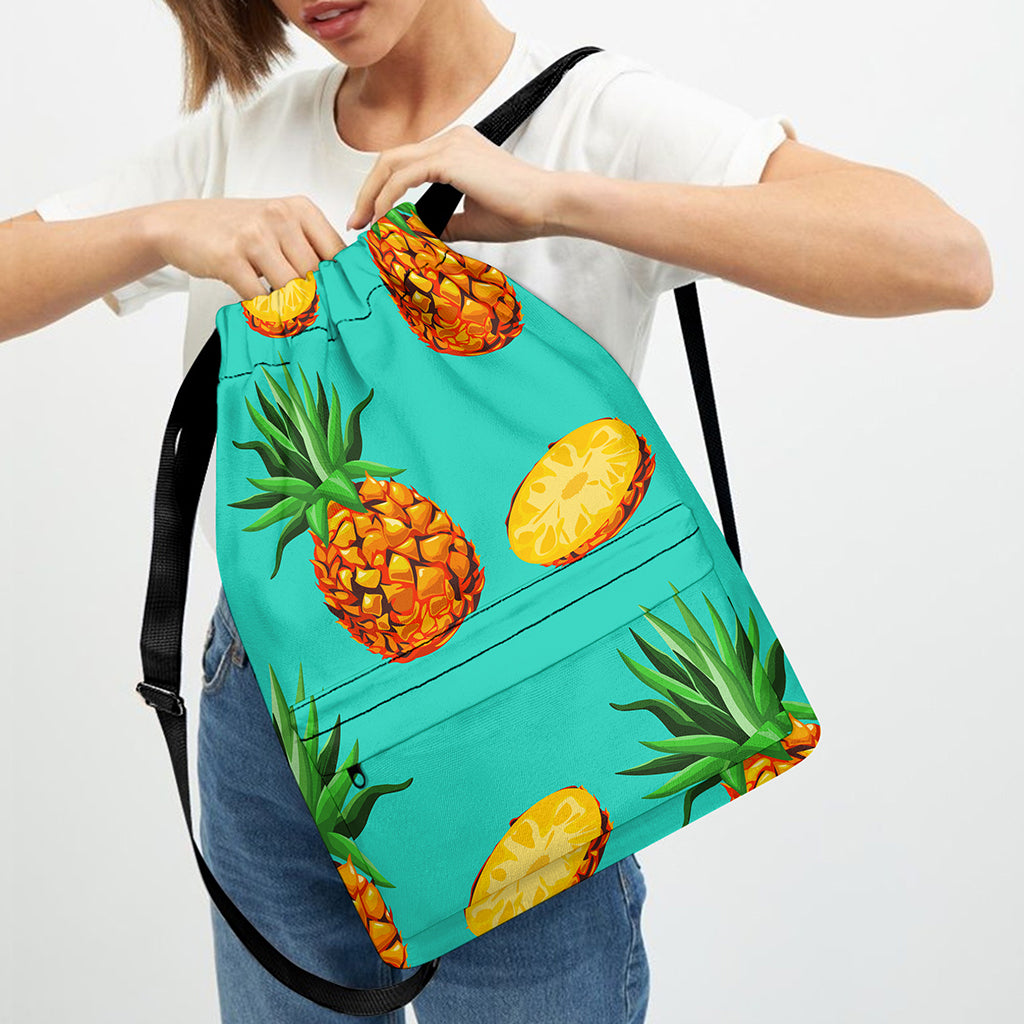 Pastel Turquoise Pineapple Pattern Print Drawstring Backpack