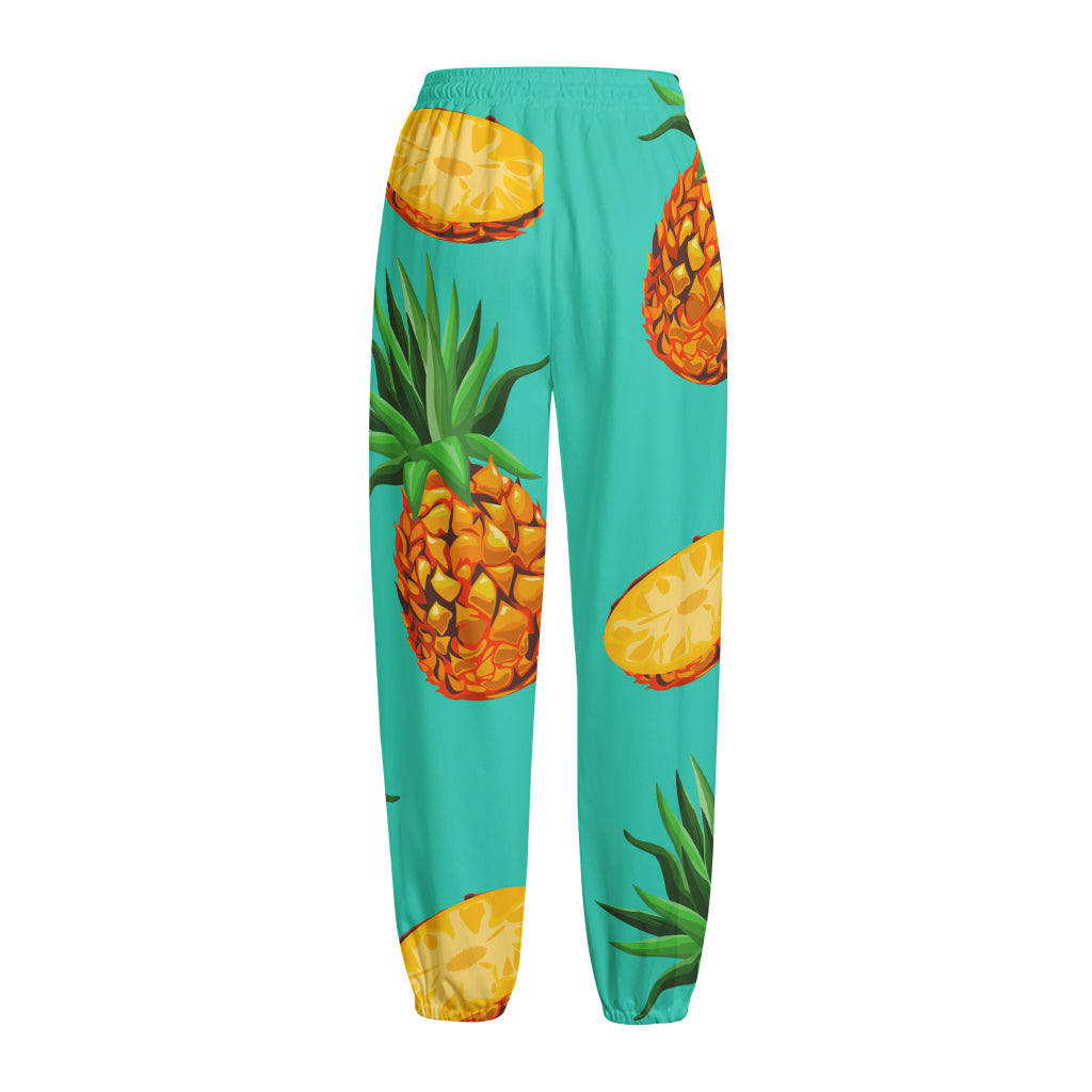 Pastel Turquoise Pineapple Pattern Print Fleece Lined Knit Pants