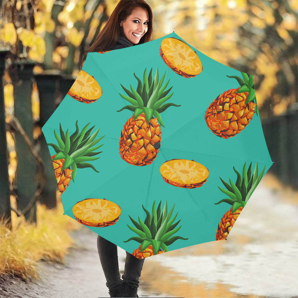 Pastel Turquoise Pineapple Pattern Print Foldable Umbrella