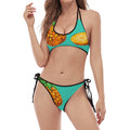 Pastel Turquoise Pineapple Pattern Print Halter Scoop Tie Side Bikini