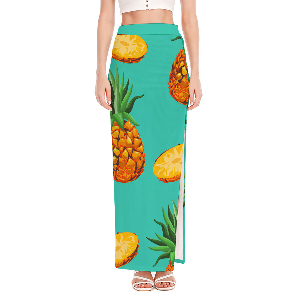 Pastel Turquoise Pineapple Pattern Print High Slit Maxi Skirt