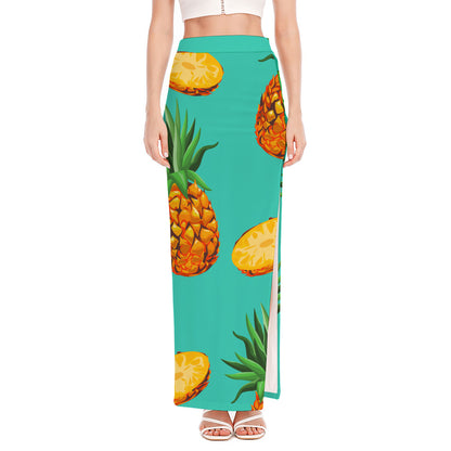 Pastel Turquoise Pineapple Pattern Print High Slit Maxi Skirt