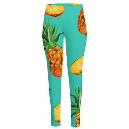 Pastel Turquoise Pineapple Pattern Print High-Waisted Pocket Leggings