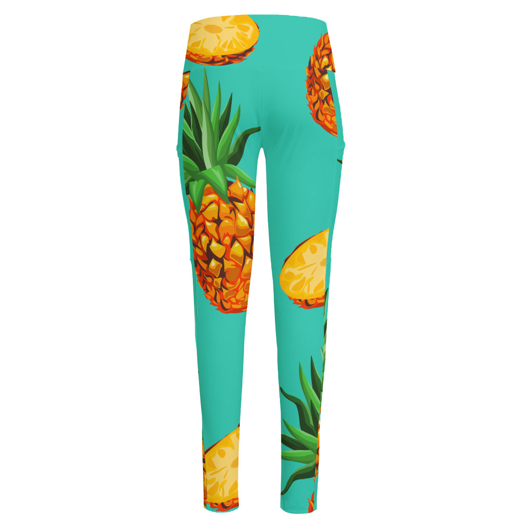 Pastel Turquoise Pineapple Pattern Print High-Waisted Pocket Leggings