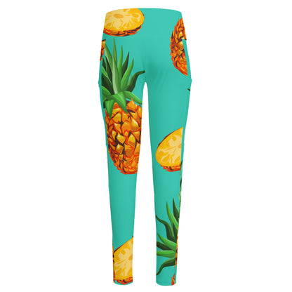 Pastel Turquoise Pineapple Pattern Print High-Waisted Pocket Leggings