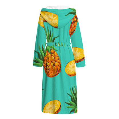 Pastel Turquoise Pineapple Pattern Print Hooded Bathrobe