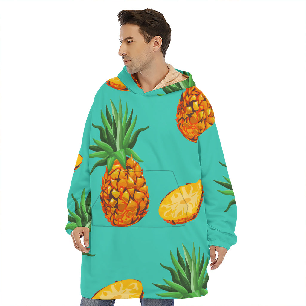 Pastel Turquoise Pineapple Pattern Print Hoodie Blanket
