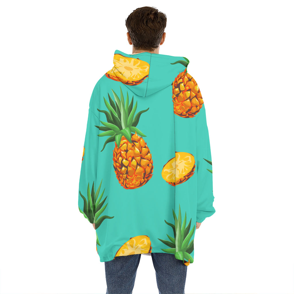 Pastel Turquoise Pineapple Pattern Print Hoodie Blanket