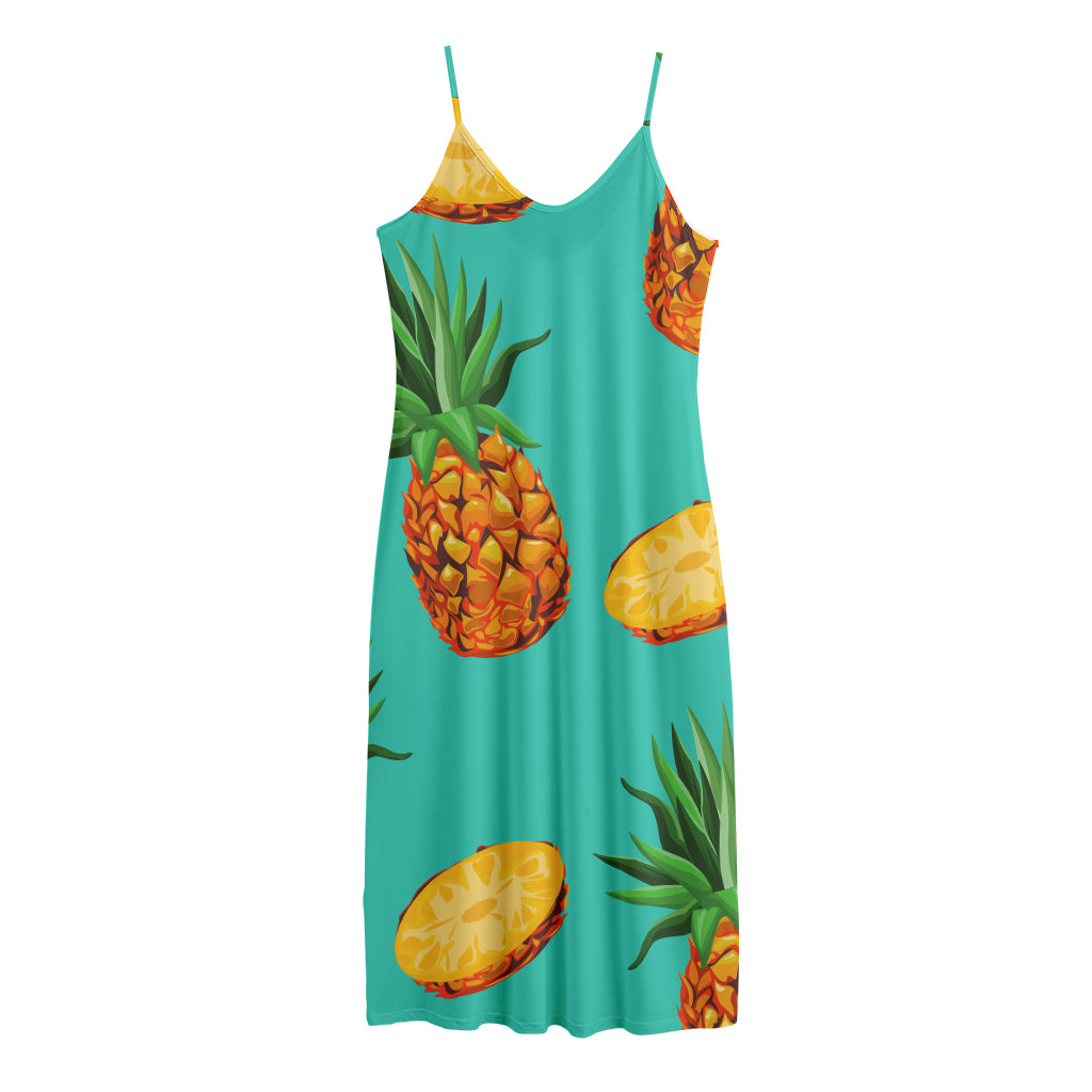 Pastel Turquoise Pineapple Pattern Print Jersey Midi Cami Dress