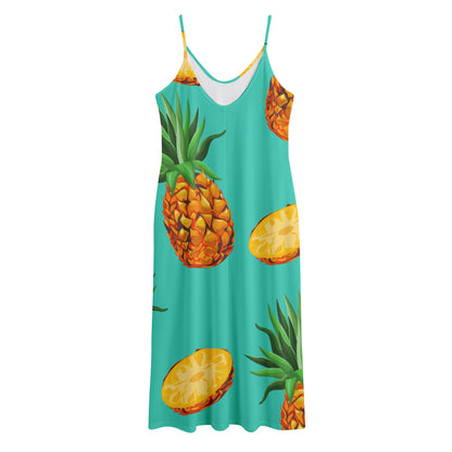 Pastel Turquoise Pineapple Pattern Print Jersey Midi Cami Dress
