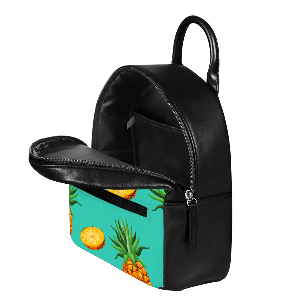 Pastel Turquoise Pineapple Pattern Print Leather Backpack