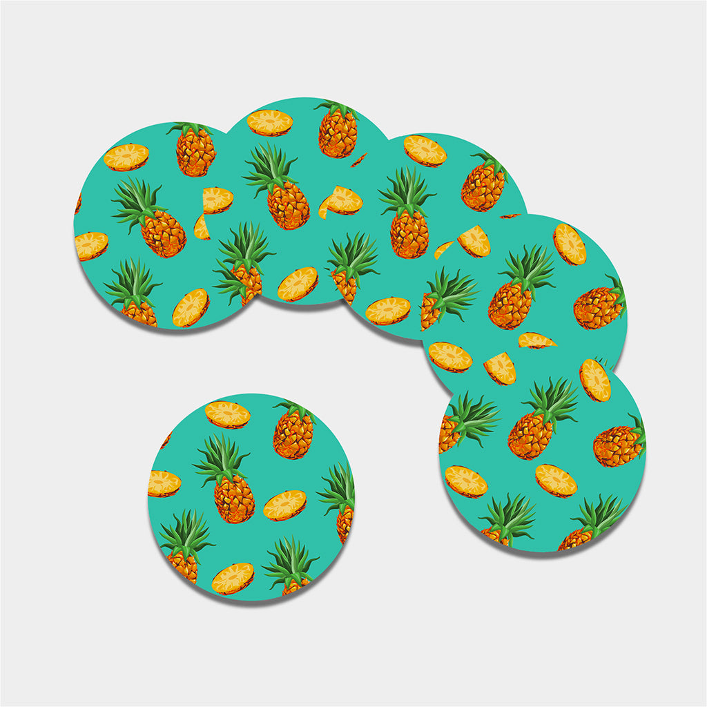 Pastel Turquoise Pineapple Pattern Print Leather Coaster Set