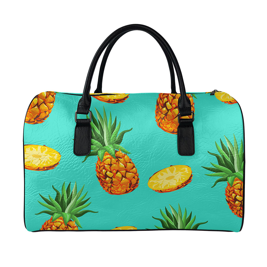 Pastel Turquoise Pineapple Pattern Print Leather Duffle Bag