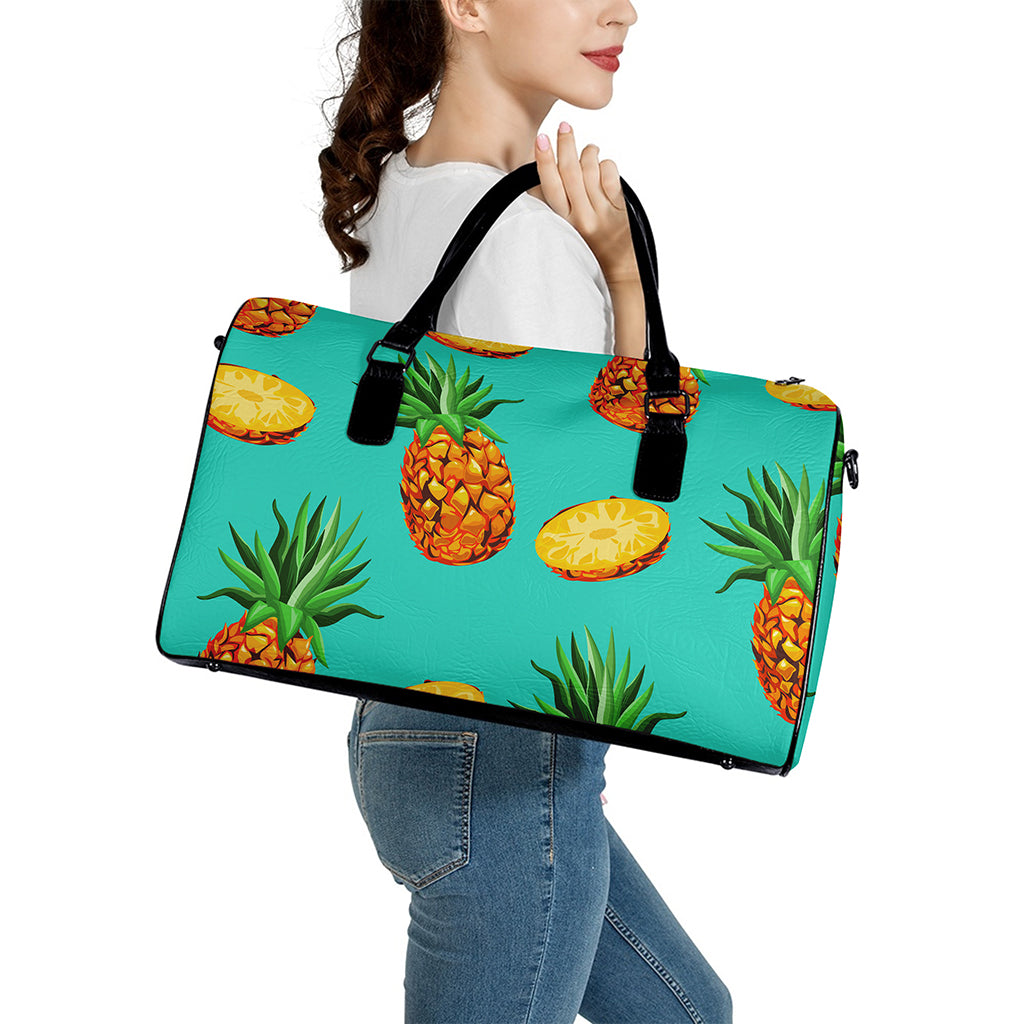 Pastel Turquoise Pineapple Pattern Print Leather Duffle Bag