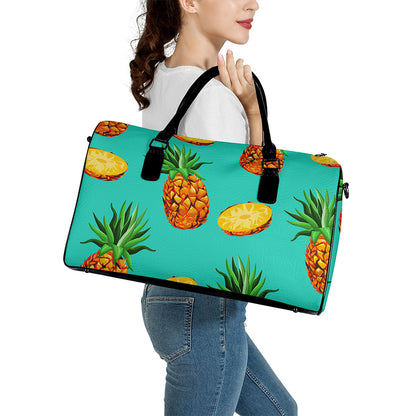 Pastel Turquoise Pineapple Pattern Print Leather Duffle Bag