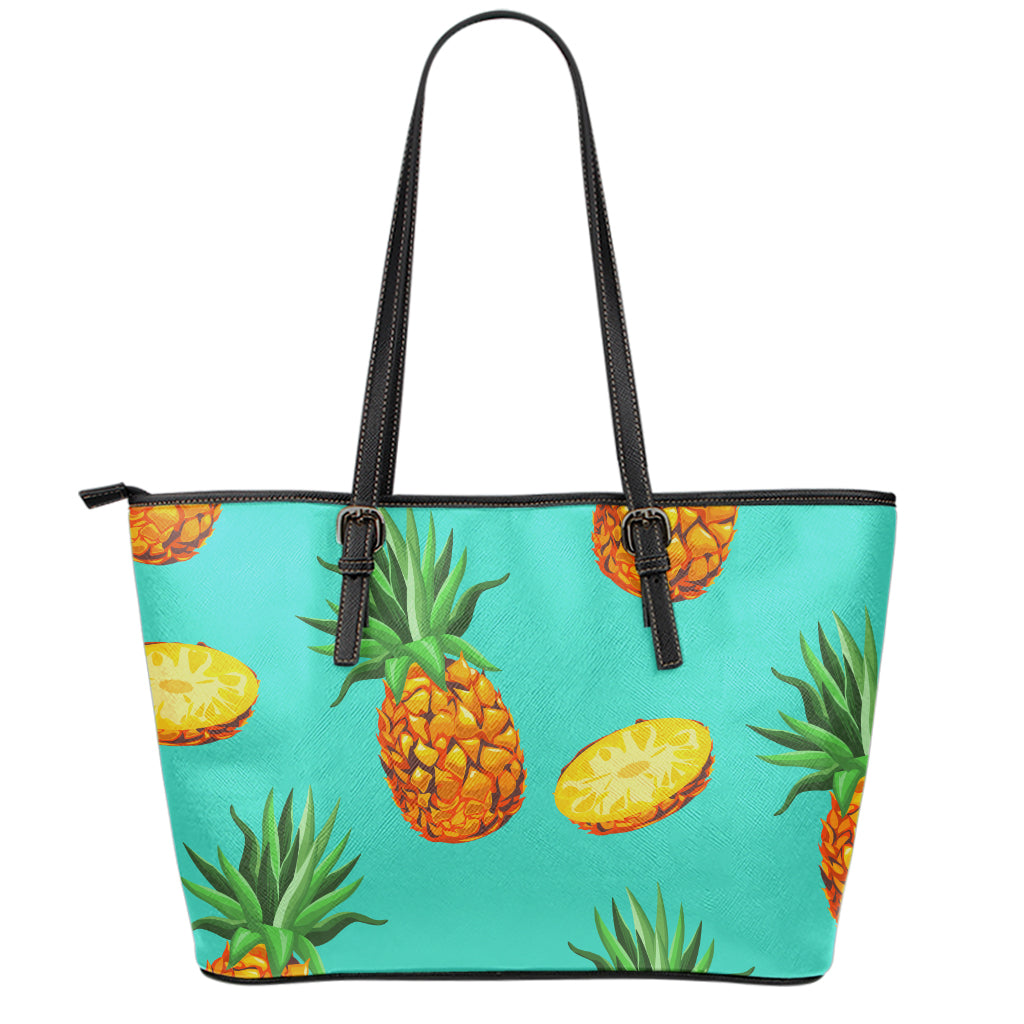 Pastel Turquoise Pineapple Pattern Print Leather Tote Bag