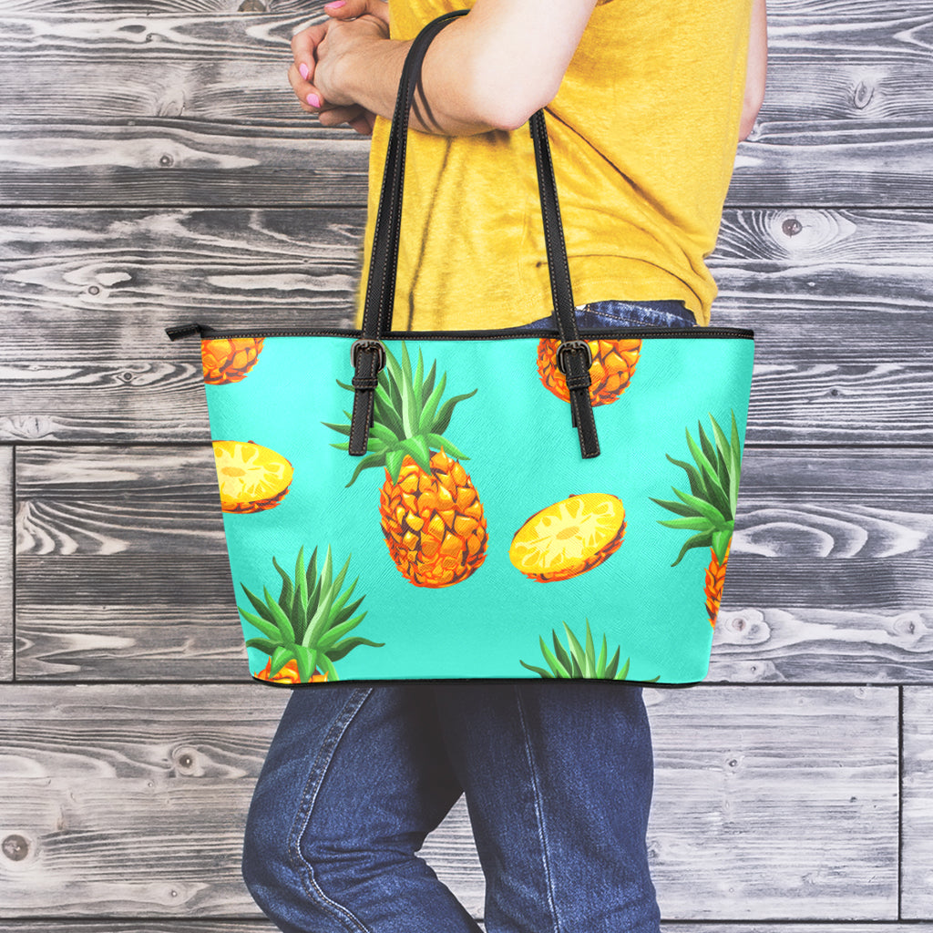 Pastel Turquoise Pineapple Pattern Print Leather Tote Bag