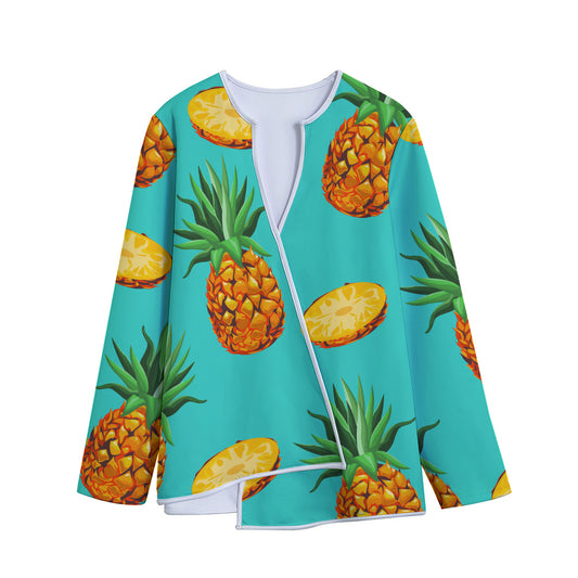 Pastel Turquoise Pineapple Pattern Print Long Sleeve Short Coat