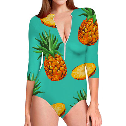 Pastel Turquoise Pineapple Pattern Print Long Sleeve Swimsuit